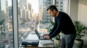 Un expert en référencement saffaire sur son ordinateur portable dans un bureau lumineux