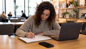 Un designer UX en pleine séance de croquis travaillant sur des maquettes depuis son bureau à domicile