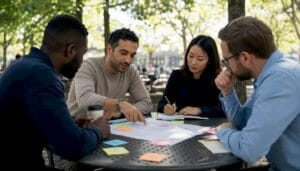 Group of four coworkers brainstorming outdoors around a table with notes on a large paper sheet and colorful sticky notes in view