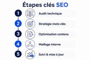 Infographic  Étapes clés SEO  présentant cinq étapes 1 Audit technique 2 Stratégie mots clés 3 Optimisation contenu 4 Maillage interne 5 Suivi  mise à jour