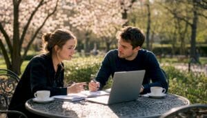 Two people study documents at a park table with a laptop between them and coffee cups nearby