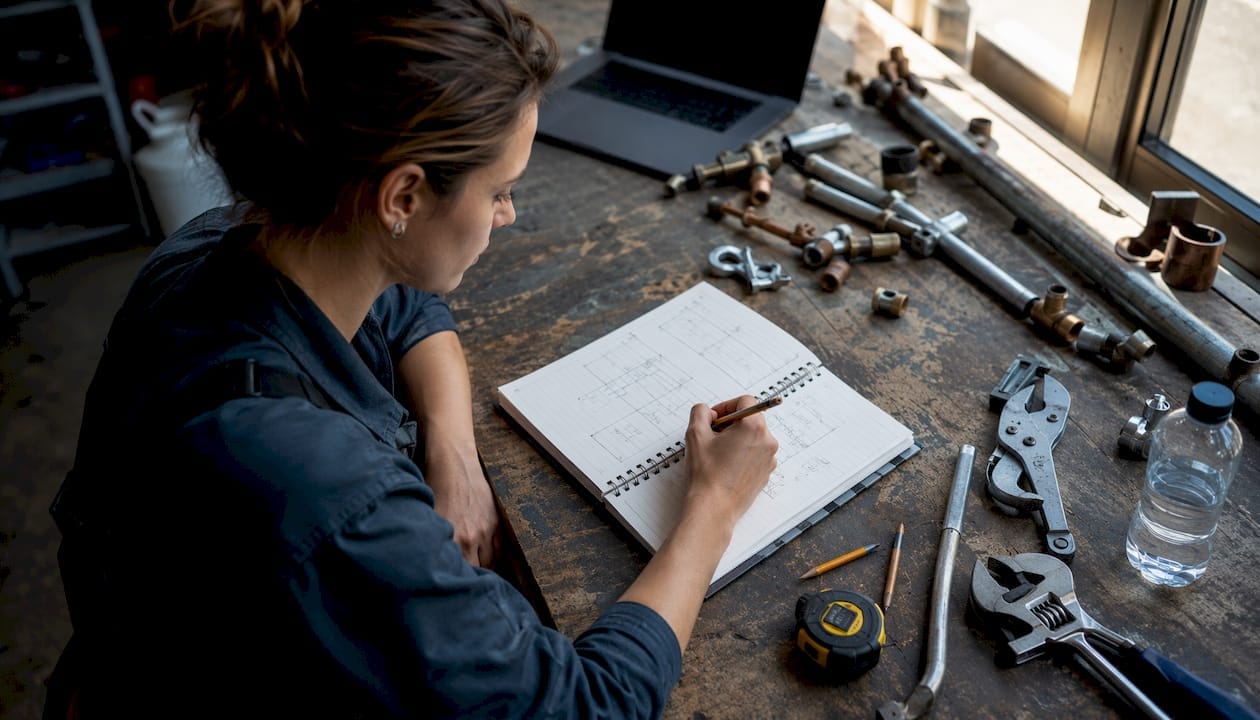 Vue en hauteur sur l’atelier du plombier, avec les plans du chantier étalés sur la table.