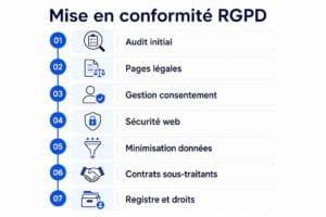 Infographie en français montrant les 7 étapes de la mise en conformité RGPD Audit initial Pages légales Gestion consentement Sécurité web Minimisation données Contrats sous traitants Registre et droits