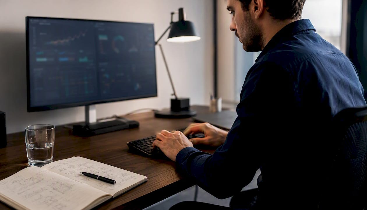 Des mains s’activent sur un clavier, juste à côté d’écrans de contrôle.