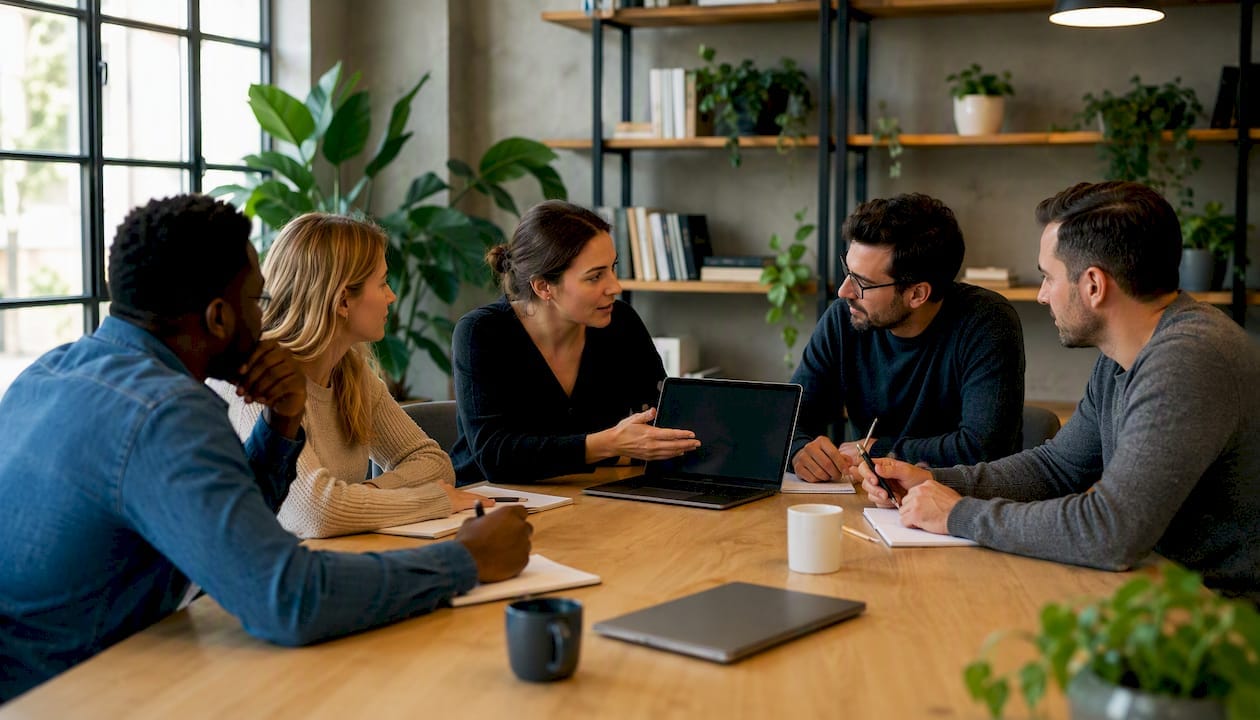 L’équipe de l’agence web en pleine réunion de travail