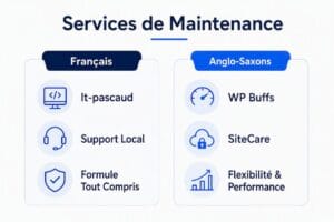 Two column maintenance services menu French options It pascau Support Local Formule Tout Compris Anglo Saxons options WP Buffs SiteCare Flexibilité  Performance