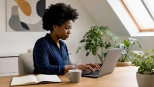 Black woman typing on a laptop at a wooden desk with an open notebook and mug surrounded by houseplants under natural skylight light