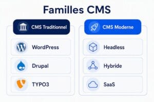 Infographic comparing CMS families Traditional on the left WordPress Drupal TYPO3 and Modern on the right Headless Hybrid SaaS