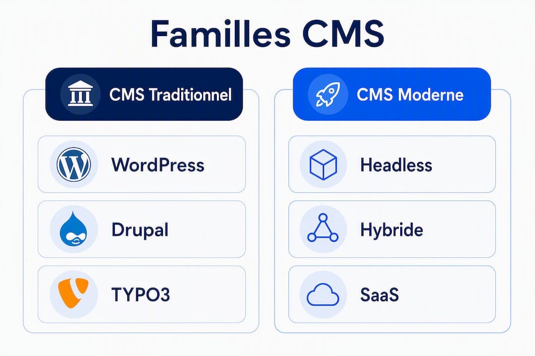 Infographie : panorama des CMS classiques et nouvelle génération, pour mieux comprendre leurs différences.