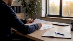 Une personne en train de classer des rapports SEO sur son bureau
