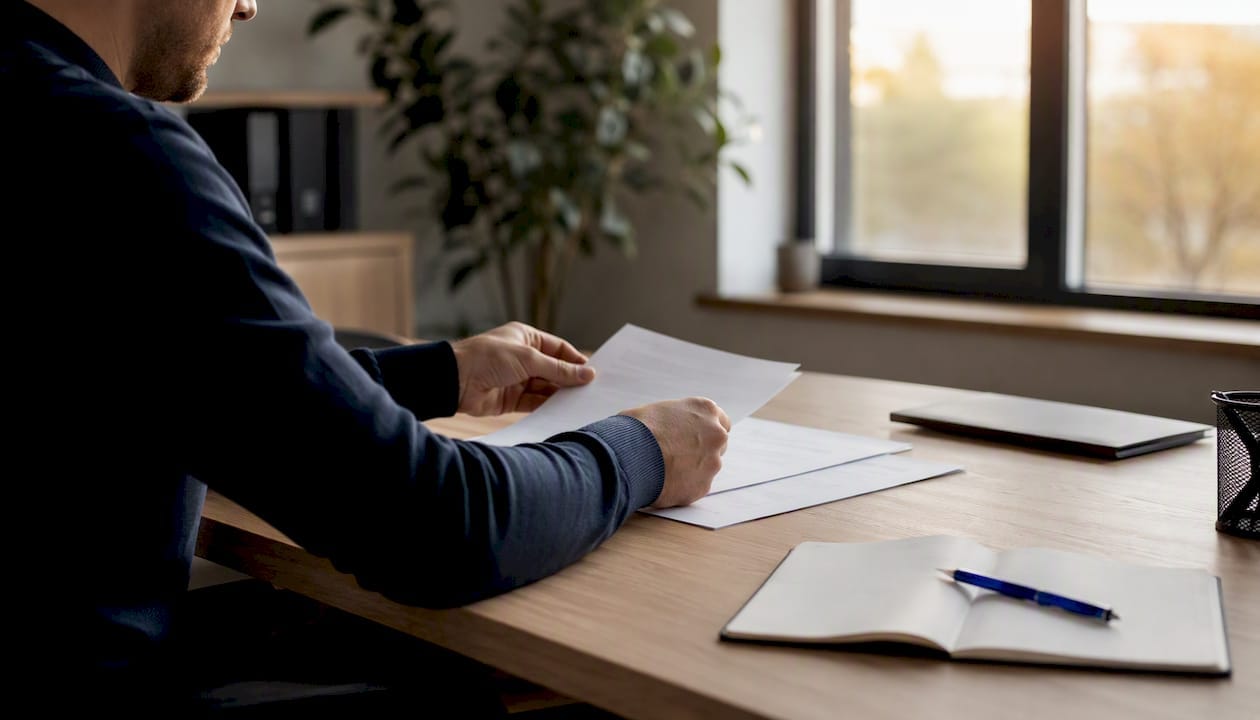 Une personne en train de classer des rapports SEO sur son bureau