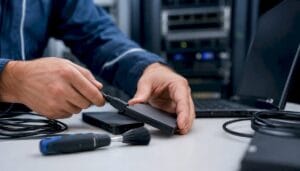 Hands connect a USB cable to an external hard drive beside a laptop in a data center setting