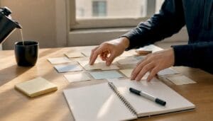 Des mains en pleine réflexion élaborant une stratégie marketing sur un bureau sombre
