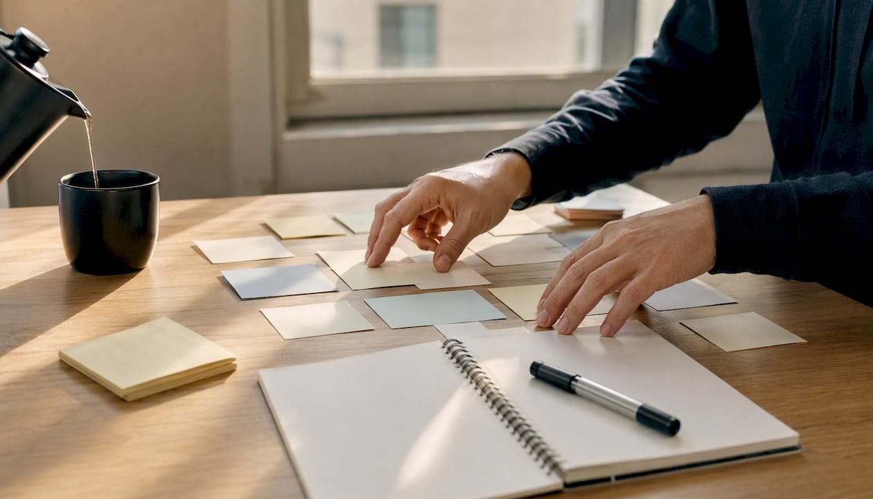 Des mains en pleine réflexion, élaborant une stratégie marketing sur un bureau sombre.