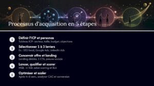 Processus dacquisition en 5 étapes définir ICP choisir leviers concevoir offre et landing lancer et scorer optimiser et scaler