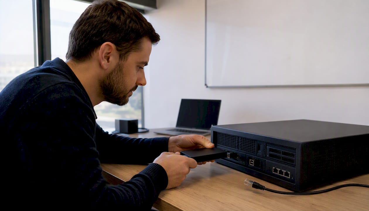 Des mains débranchent un disque dur pour restaurer le site.