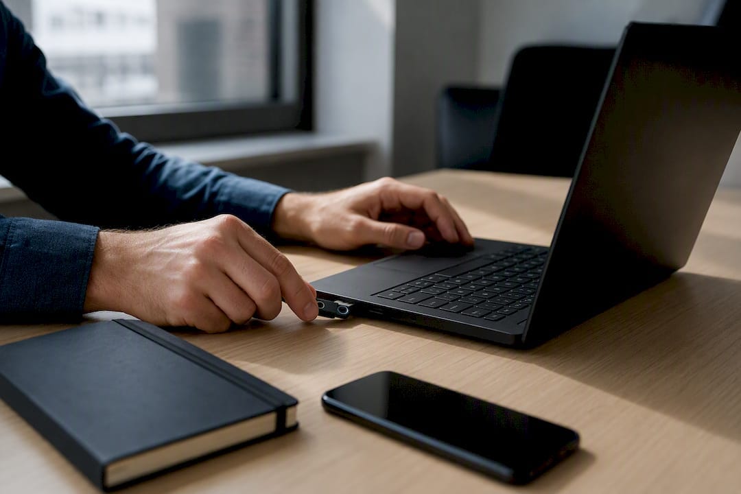 Des mains insèrent une clé USB dédiée à la protection de la vie privée numérique.