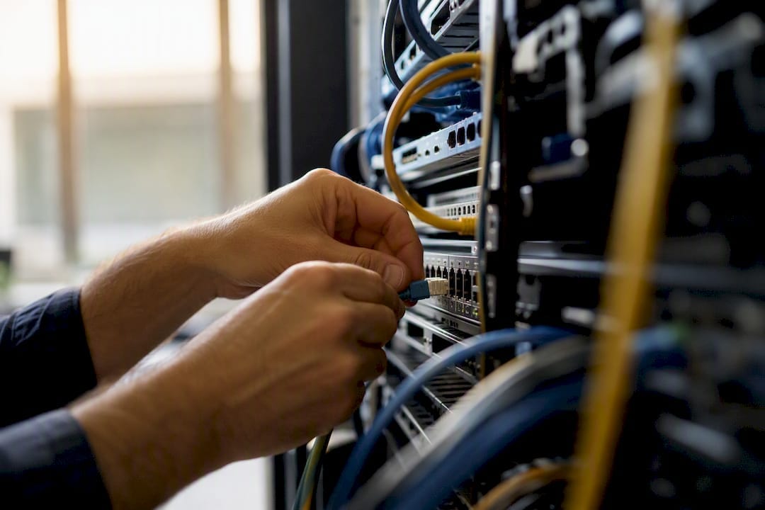 Des techniciens relient les câbles des serveurs au cœur de la salle informatique.