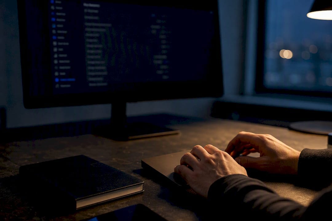 Mains utilisant un plugin WordPress sur un écran sombre