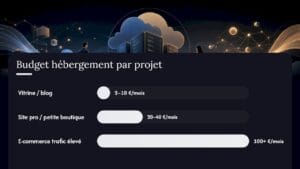 Infographic banner Budget hébergement par projet with three progress bars showing 210 €mois 2040 €mois and 100+ €mois French
