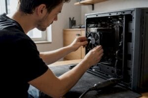 Technicien nettoyant le ventilateur de refroidissement dun ordinateur
