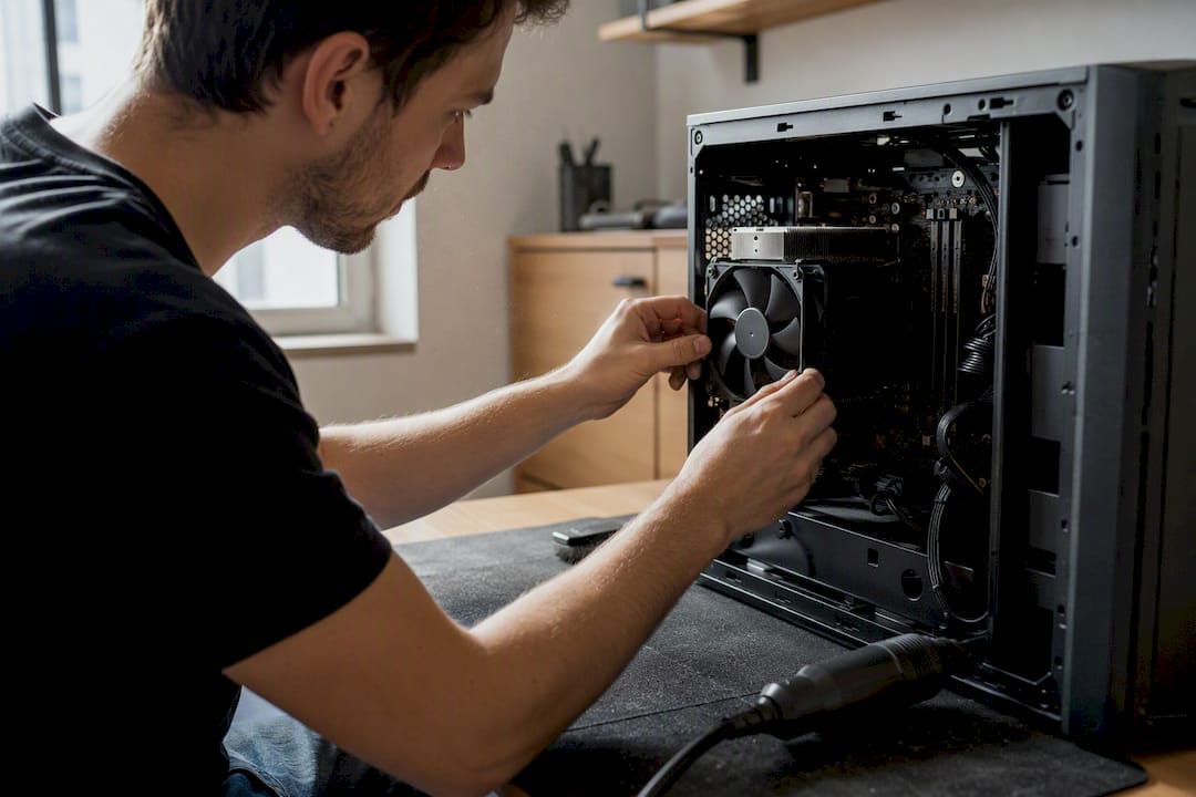 Technicien nettoyant le ventilateur de refroidissement d'un ordinateur
