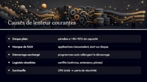 Infographic in French listing five causes of computer slowdowns full disk RAM shortage overloaded startup obsolete software conflicts and CPU overheating
