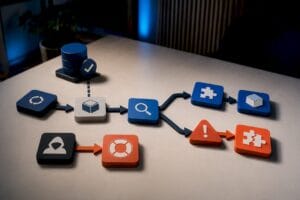 A flowchart of a data workflow with square icons user lifebuoy search puzzle pieces and hardware blocks connected by arrows on a white desk surface