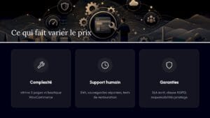 Hero banner with a person at a digital interface among gears three feature cards read Complexité Support humain Garanties