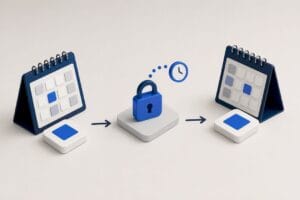 Two desk calendars with blue tiles are shown on either side arrows point through a central padlock on a pedestal symbolizing secure scheduling or data transfer between calendars